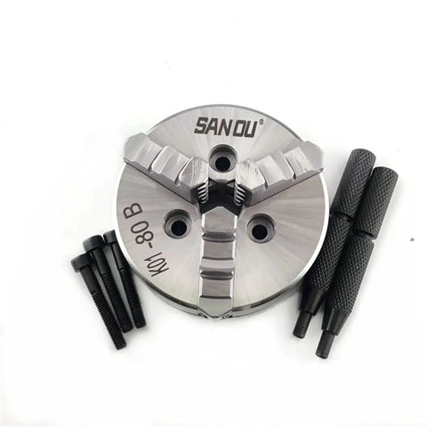 80mm 3 Jaw Self Centering Mini Lathe Chuck K01-80B with hardened steel jaws and mounting screws for woodworking.