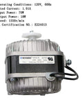 AC Shaded Pole Fan Motor 120V 60Hz 18W Output for Small Ventilation and Refrigeration Gear, close-up of motor label