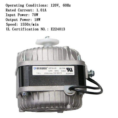 AC Shaded Pole Fan Motor 120V 60Hz 18W Output for Small Ventilation and Refrigeration Gear, close-up of motor label