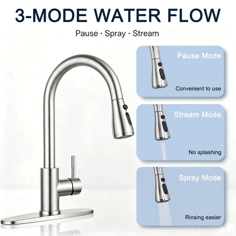 Heavy Duty Kitchen Faucet With Slick Pull Down Sprayer, Lead Free Stainless Steel Sink Tap, showing 3 flow modes for convenient use.