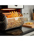 Badass Rotisserie Drum Basket Mesh Cage For Backyard Grills And Home Ovens Fits Standard One Quarter Inch Shaft with fries in oven.