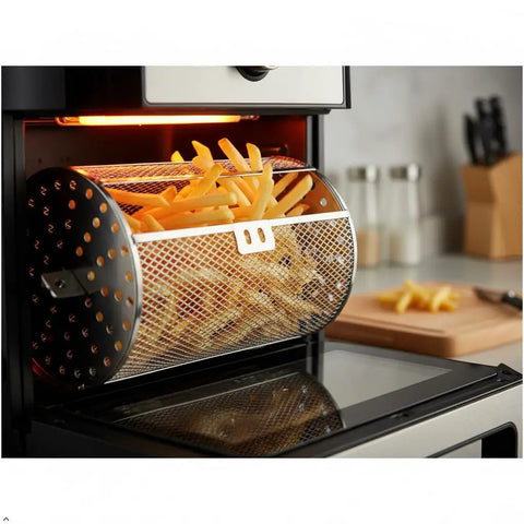 Badass Rotisserie Drum Basket Mesh Cage For Backyard Grills And Home Ovens Fits Standard One Quarter Inch Shaft with fries in oven.