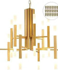 Gold Sputnik Ceiling Light Fixture With 24 LED Lights, Brushed Brass Mid Century Modern Chandelier with warm glow