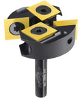 Slab Flattening Router Bit With Two Plus Two Carbide Inserts, One Quarter Inch Shank, One And Three Eighths Inch Cutting Diameter, Long Life TiN Coating For Smoother Spoilboard Surfacing, front view with inset carbide blades and black shank.
