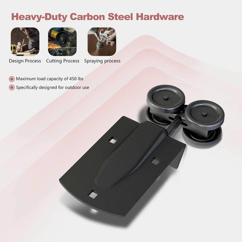 Heavy Duty Outdoor Sliding Barn Door Hardware Kit For Exterior Use With 450 Lb Capacity Black Powder Coated Finish Built To Endure Outdoor Weather Tough As Nails Fits Two Doors Up To 144 Inches Wide close-up of wheels and metal bracket