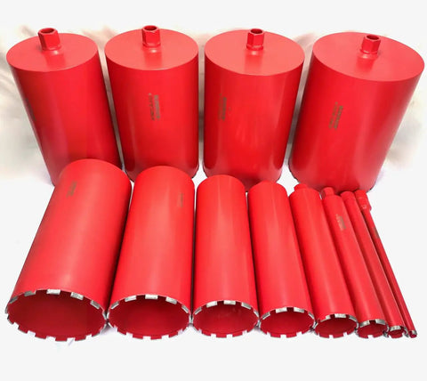 Diamond core bits set with various sizes in red, used with Straight Shooting Heavy Duty Workhorse Diamond Coring Drill.