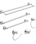 Preston Collection Chrome 18 Inch Wall Mounted Towel Bar No Fuss No Frills Sleek And Simple Bathroom Essential For Towels And Washcloths Durable Chrome Finish Resists Rust Easy Mounting Hardware Included DN8418CH. Display of multiple chrome bathroom hardware pieces including towel bars, towel ring, and robe hook.