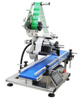 Top Shelf Automatic Desktop Conveyor Labeling Machine Engineered For Zero Stress Workflows On Cosmetics Food And Containers Fast Plug Into Standard Outlet For Smooth Flat Surface Application That Truly Delivers on a blue conveyor belt.