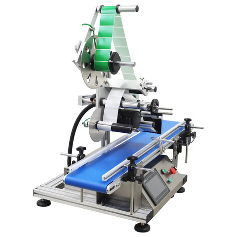 Top Shelf Automatic Desktop Conveyor Labeling Machine Engineered For Zero Stress Workflows On Cosmetics Food And Containers Fast Plug Into Standard Outlet For Smooth Flat Surface Application That Truly Delivers on a blue conveyor belt.