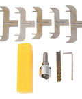 Front view of Baxnore wooden ring drill bit set with yellow storage case, HSS cutter head, drill bits, and hex key
