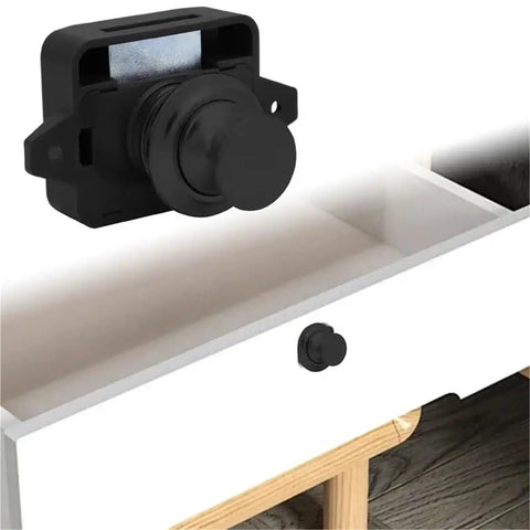 Push Button Drawer Latch 5-Set Cabinet Locks For Boats And RVs, Spring Pop Button Release on open drawer with black latch