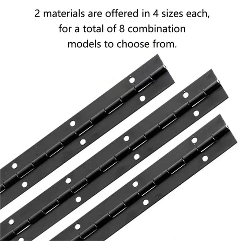 Top Tier Heavy Duty Stainless Steel Piano Hinge Full Length Continuous Design For Furniture Cabinet And Wardrobe Doors Quick Swap Hardware Smooth Operation Rust Proof Finish showing three black hinges.