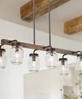 Rustic Farmhouse 6 Light Mason Jar Chandelier For Kitchen Island And Dining Room With Glass Shades In Dark Wood Finish, 27.5 Inch Length