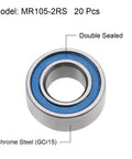 MR105-2RS deep groove ball bearing, chrome steel with blue double seal, 5mm ID x 10mm OD, 20 pcs