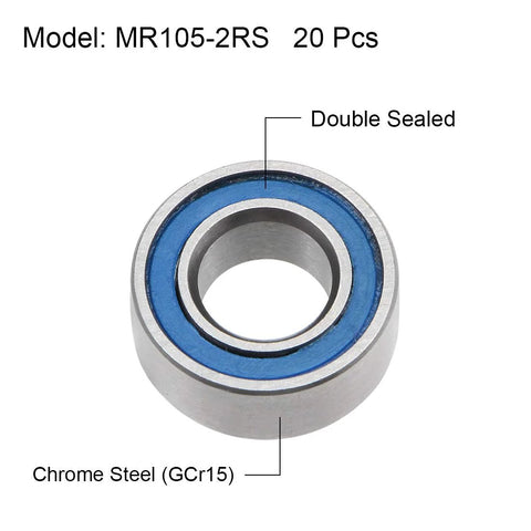 MR105-2RS deep groove ball bearing, chrome steel with blue double seal, 5mm ID x 10mm OD, 20 pcs