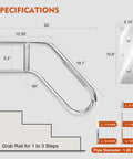 Specifications for Top Shelf 304 Stainless Steel Handrails For Outdoor Steps Wall Mount with dimensions for stairs.