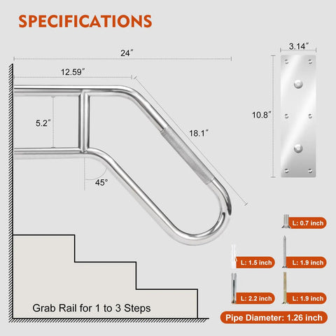 Specifications for Top Shelf 304 Stainless Steel Handrails For Outdoor Steps Wall Mount with dimensions for stairs.