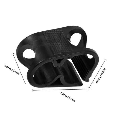 Adjustable Plastic Tubing Clamps Set Of 5 For Water Flow Control, black clamp angled view with dimensions in inches and cm.