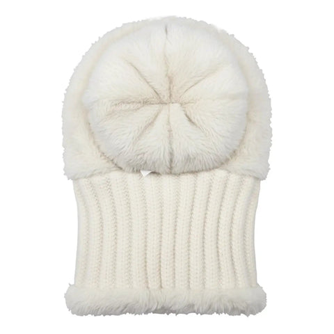 Back view of Cozy Fleece Lined Double Layer Balaclava Beanie Set with Pompom, showing knit design and soft texture for winter use.