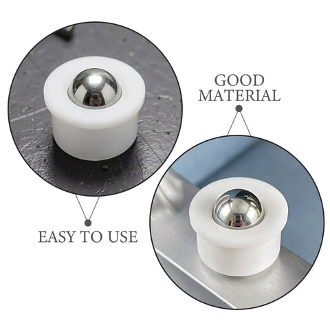 Close-up of 12pcs Steel Ball Transfer Casters with Nylon Housing, 0.7x0.5in, showcasing shiny steel ball and white nylon casing.