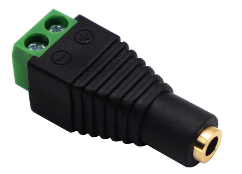 Dead Simple Three Point Five Millimeter To Two Pin Screw Terminal Audio Adapter Solderless Converter Plug for Headphones and Mic, close-up view.