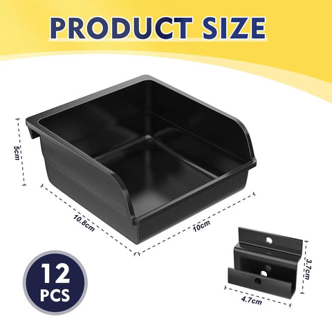 12 Pack Slatwall Bins With Hooks Set Plastic Slatwall Organizer Bins and Metal Slatwall Hooks, 10x10x5 cm, black