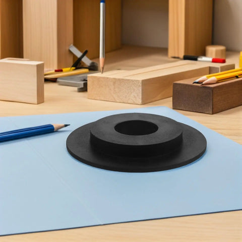 Round black component on light blue surface, part of Wheel Balancer Guard Panel With Drive Belt Cover And Durable Housing Shield.