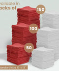 Stacks of red and white towels available in packs of 50, 100, and 150, standard size 13x13 inches.