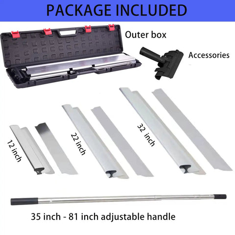 Pro Grade Drywall Skimming Blade Set With Extension Handle For Mud Finishing, 12, 22, 32 Inch Blades, case, handle, accessories