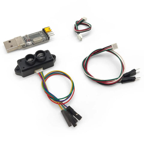 Compact Lidar Sensor For Drones And Robots With 0.1-12m Range, with USB adapter and cables for obstacle detection.