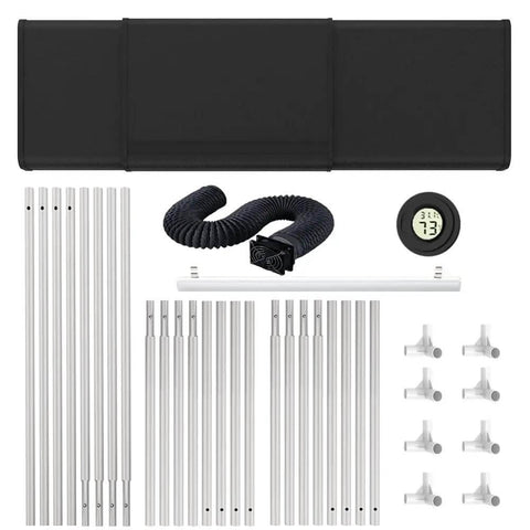 Components of Upgraded 3D Printer Enclosure With LED Light And Smoke Exhaust Kit for A1/A1 Mini, including pipes and thermo hygrometer.