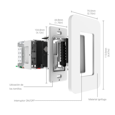 Exploded view of WiFi Smart Wall Light Switch No Neutral Wire Needed, Single Pole, 110V, 7W Minimum, Fire Retardant Design, White.
