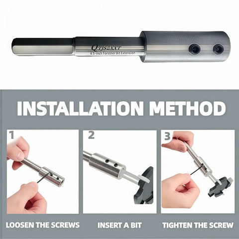 Forstner Drill Bit Extension 4.5 inch long with three eighth inch hex shank installation method for woodworking projects.