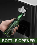 Close-up of the bottle opener on the 80 Quart Black Rolling Ice Chest Cooler Cart On Wheels For Patio And Backyard Parties Party Ready Mobile Beverage Bar Trolley With Ice Scoop Keeps Drinks Cold For 24 Hours And Warm For 8 Hours Perfect For Entertaining