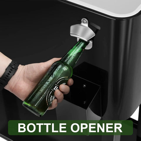 Close-up of the bottle opener on the 80 Quart Black Rolling Ice Chest Cooler Cart On Wheels For Patio And Backyard Parties Party Ready Mobile Beverage Bar Trolley With Ice Scoop Keeps Drinks Cold For 24 Hours And Warm For 8 Hours Perfect For Entertaining