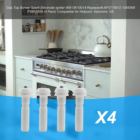 Kitchen with gas stove and Spark Igniter For Gas Stove Replacement Pack Of Four Ceramic Spark Electrodes Burner Ignition Parts on display