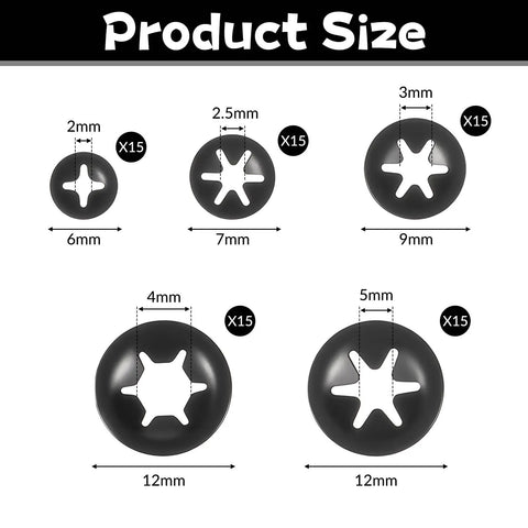 Internal Tooth Star Lock Washers 50 Pcs Set In 5 Sizes With Push On Speed Clips Built To Last Carbon Steel With Black Anodized Finish For Strong Spring Tension And Secure Fastening. Size chart 2mm to 5mm and 6mm to 12mm washers