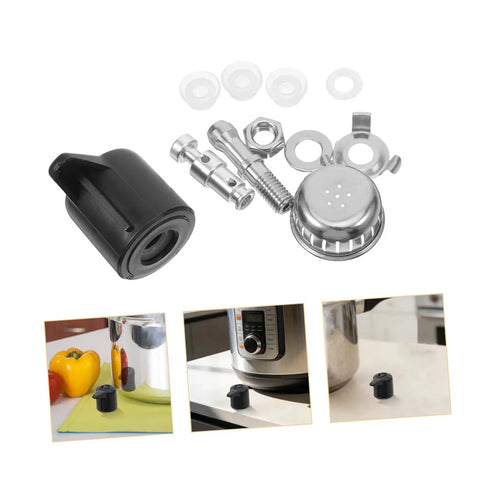 Must Have Pressure Cooker Float Valve Replacement Set With Stainless Steel And Plastic Parts For Air Tight Performance And Leak Free Cooking Upgrades, various components in black and silver.