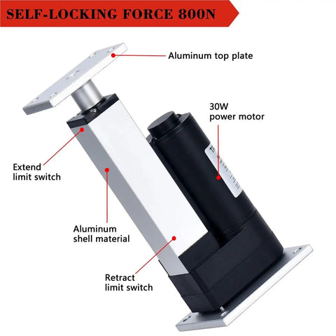 Heavy Duty Electric Linear Actuator DC 12V With 80Kg Load Capacity And Adjustable 50Mm To 1000Mm Stroke, aluminum construction, 30W motor.