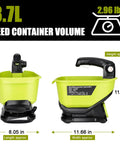 Cordless Salt And Seed Spreader For Ryobi 18V Battery, Handheld with 3.7L hopper and ergonomic handle, side and front views