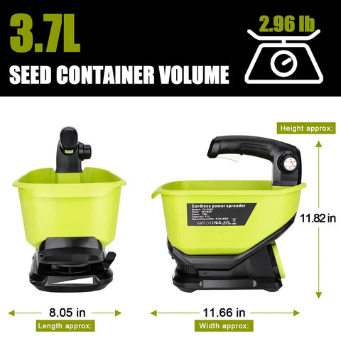 Cordless Salt And Seed Spreader For Ryobi 18V Battery, Handheld with 3.7L hopper and ergonomic handle, side and front views