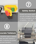 Precision Mini Metal Lathe Benchtop Machine Offers 7 Inch Swing By 12 Inch Centers For Inch Threading And Metal Turning safety switch and tailstock detail