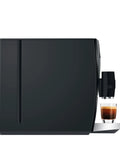 Top Tier Automatic Coffee Maker In Sleek Piano Black With One Touch Brewing For Barista Style Espresso and creamy latte blends made daily without the sweat, showcasing side view with espresso.