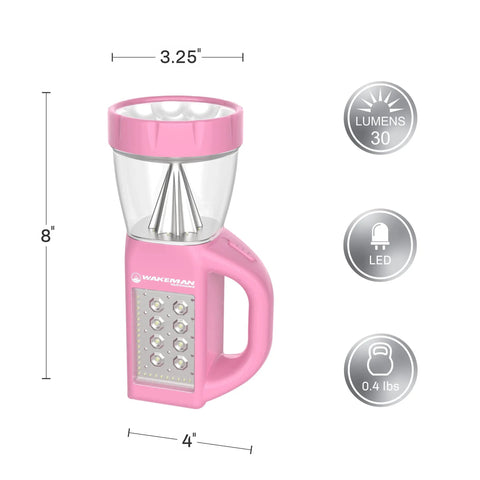 Three In One LED Lantern For Camping And Emergencies Ultra Compact And Lightweight Light Pink with dimensions and LED indicators