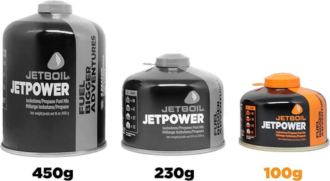 Jetpower Fuel Canisters For Camping Stoves Two Pack 100 Gram Iso Butane Propane Mix shown in 450g, 230g, and 100g sizes