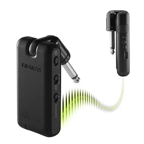 AirLock GT Wireless Instrument System With Low Latency Receiver And Transmitter For Crystal Clear Guitar Signal On Stage And In The Studio USB Output Easy Setup Reliable Signal Quality with black body and green signal waves.