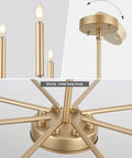Details of Dope Modern Farmhouse Gold 8 Light Rustic Candle Chandelier showing lamp arms, ceiling cap, and metal body.