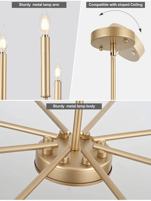 Details of Dope Modern Farmhouse Gold 8 Light Rustic Candle Chandelier showing lamp arms, ceiling cap, and metal body.