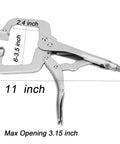 11 Inch Large C Clamp Locking Pliers Set With Swivel Pads, dimensions shown, heavy duty vise grip clamps for woodworking and welding
