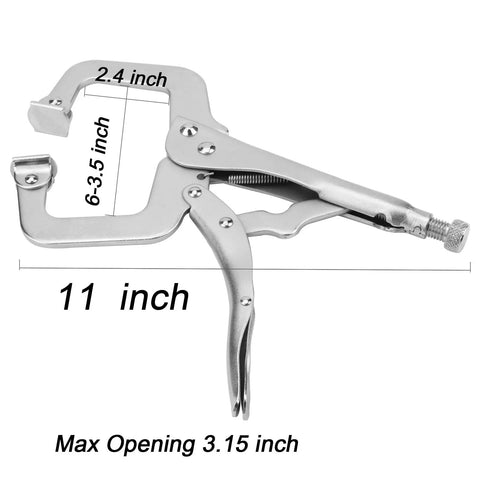11 Inch Large C Clamp Locking Pliers Set With Swivel Pads, dimensions shown, heavy duty vise grip clamps for woodworking and welding